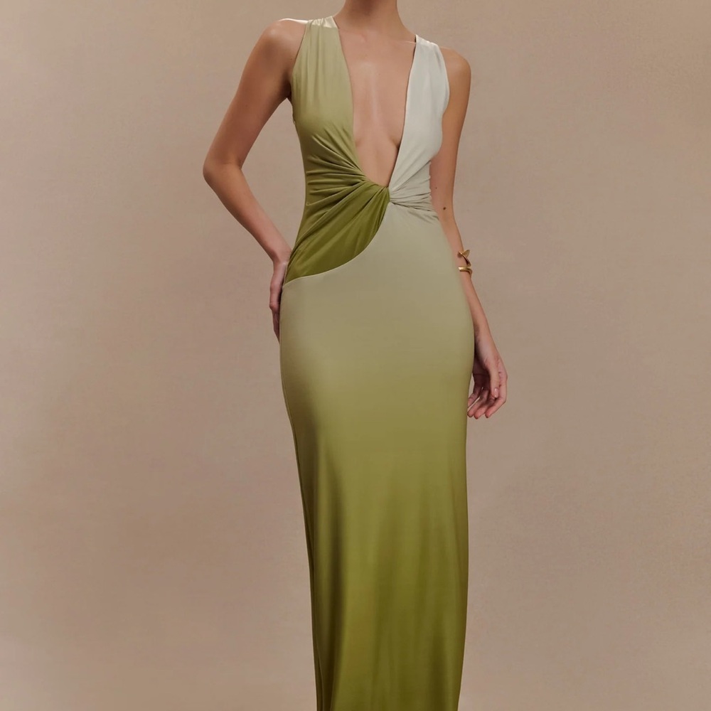 Meshki Olive & Cream Plunge Strapless Maxi Dress
